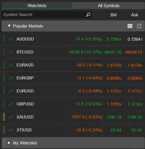 IC Markets EU cTrader desktop trading platform watchlist 291x300